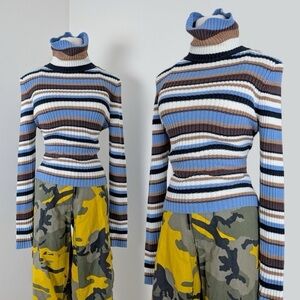 Guess Ribbed Turtleneck Long Sleeve Sweater Fitted Tight Striped